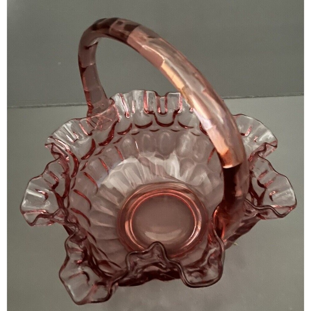 Fenton Cranberry Pink Basket Ruffled Edge Glass Applied Handle Thumbprint VTG
